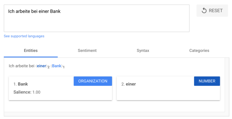Google NLP für den Satz: "Ich arbeite in einer Bank"