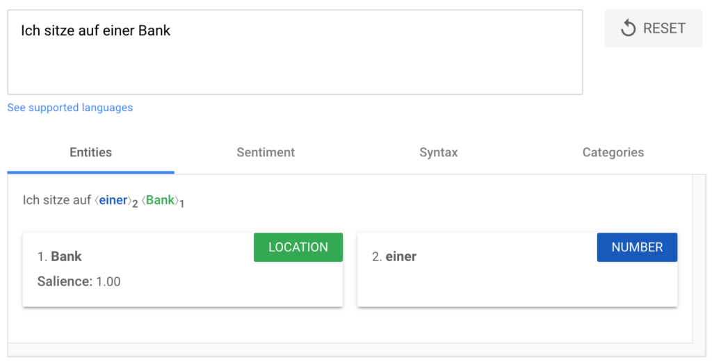 Google NLP API für "Ich sitze auf einer Bank"