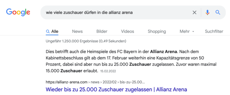 Suchanfrage "Wie viele Zuschauen dürfen in die Allinaz-Arena" bei Google